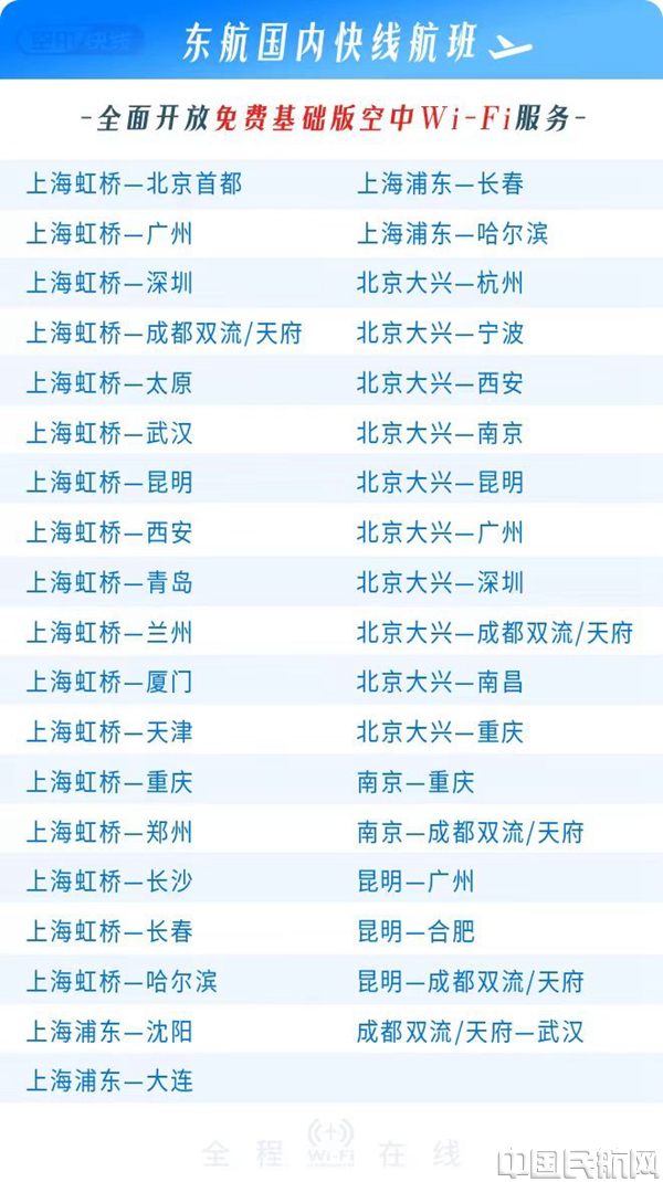 东航目前在经济舱提供免费基础版空中Wi-Fi服务的国内快线航班1